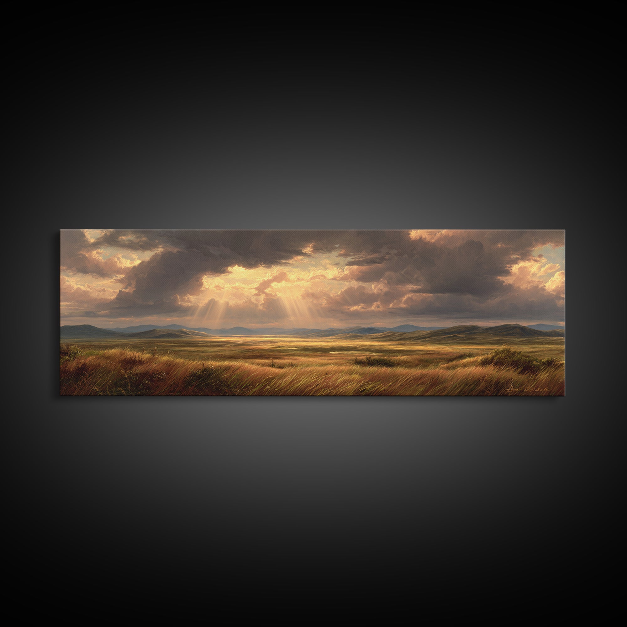Golden Sun Rays Over Prairie Wall Art, Dramatic Sky Landscape Canvas Print, Nature Wall Decor, Rustic Living Room Art Gift