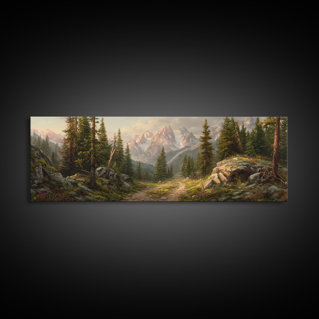 Alpine Forest Trail Mountain Landscape Wall Art, Panoramic Canvas Print For Cabin Living Room Decor And Nature Lovers Gift