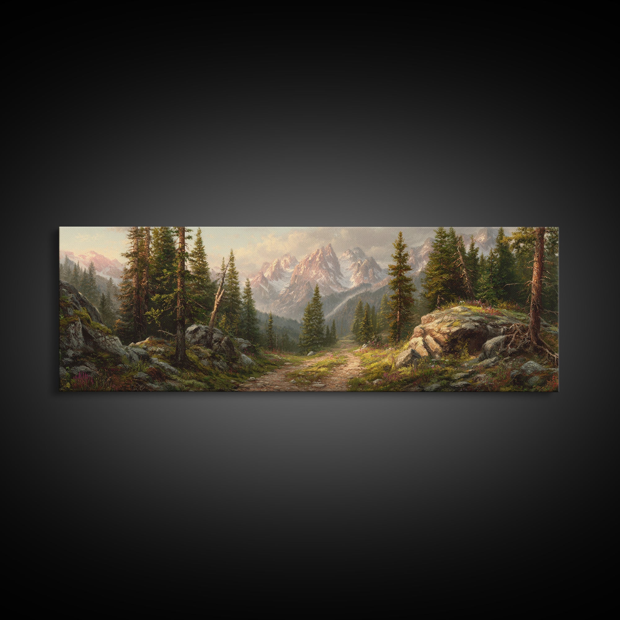 Alpine Forest Trail Mountain Landscape Wall Art, Panoramic Canvas Print For Cabin Living Room Decor And Nature Lovers Gift