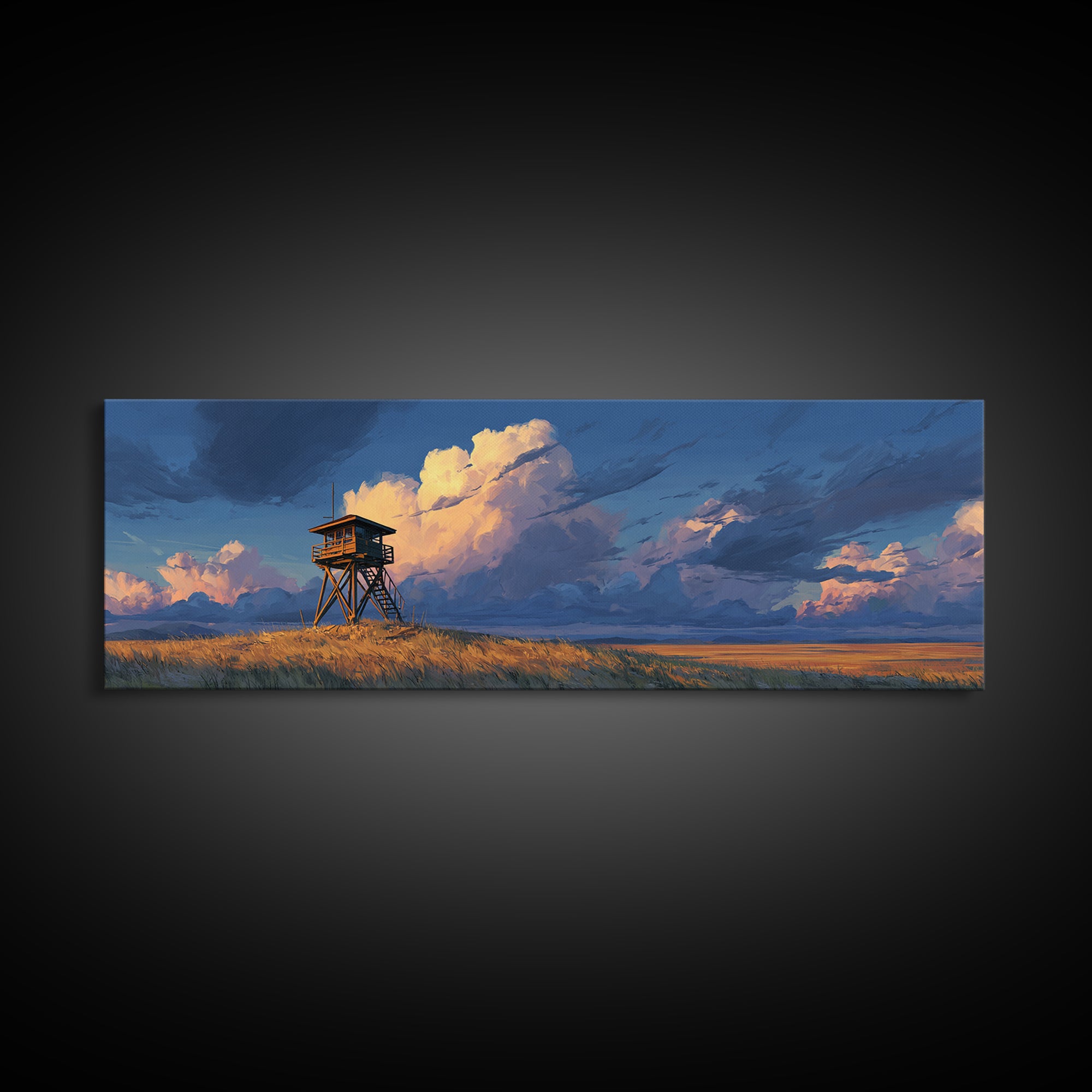 Prairie Watchtower Under Golden Clouds Wall Art, Western Landscape Canvas Print, Rustic Nature Decor, Large Horizontal Art