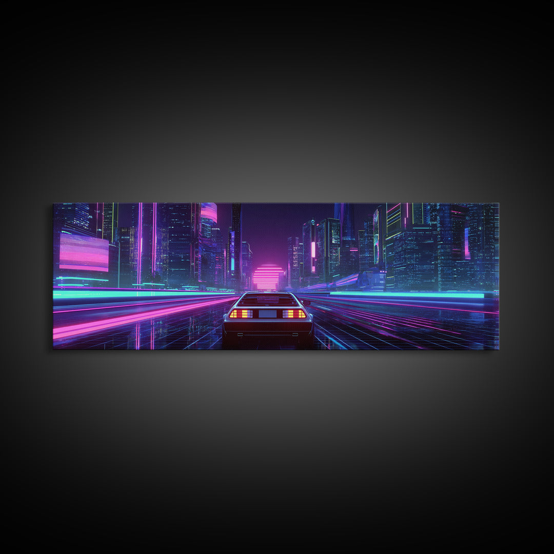 Neon Car Racing Through Cyberpunk City Canvas Print, Futuristic Wall Art, Synthwave Decor, Sci Fi Gaming Room Poster Art