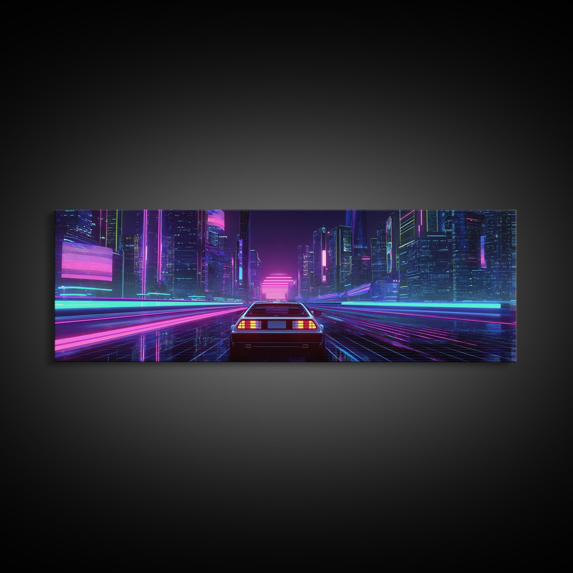 Neon Car Racing Through Cyberpunk City Canvas Print, Futuristic Wall Art, Synthwave Decor, Sci Fi Gaming Room Poster Art