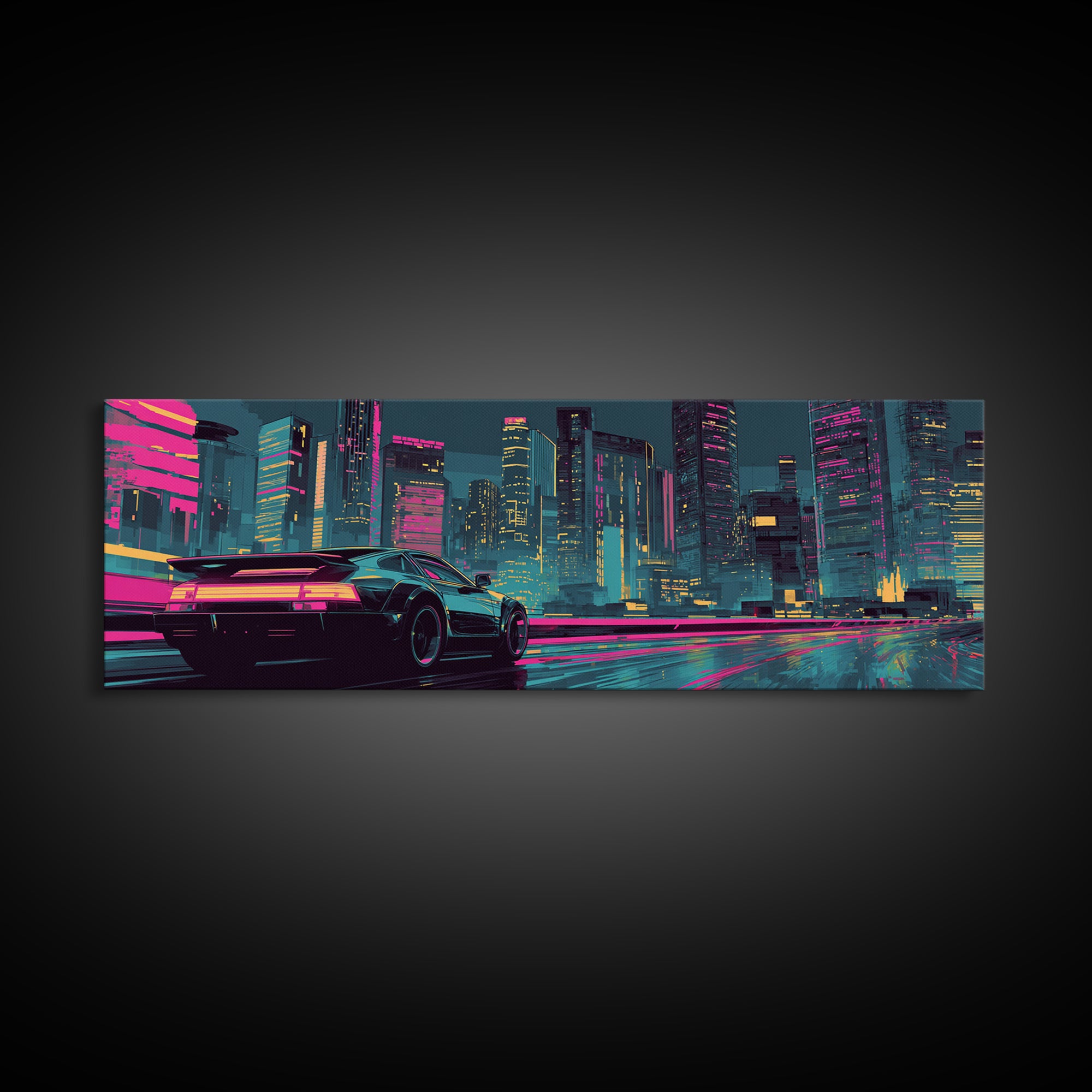 Cyberpunk Sports Car Canvas Print, Neon City Wall Art, Futuristic Gaming Room Decor, Large Synthwave Modern Wall Art Print