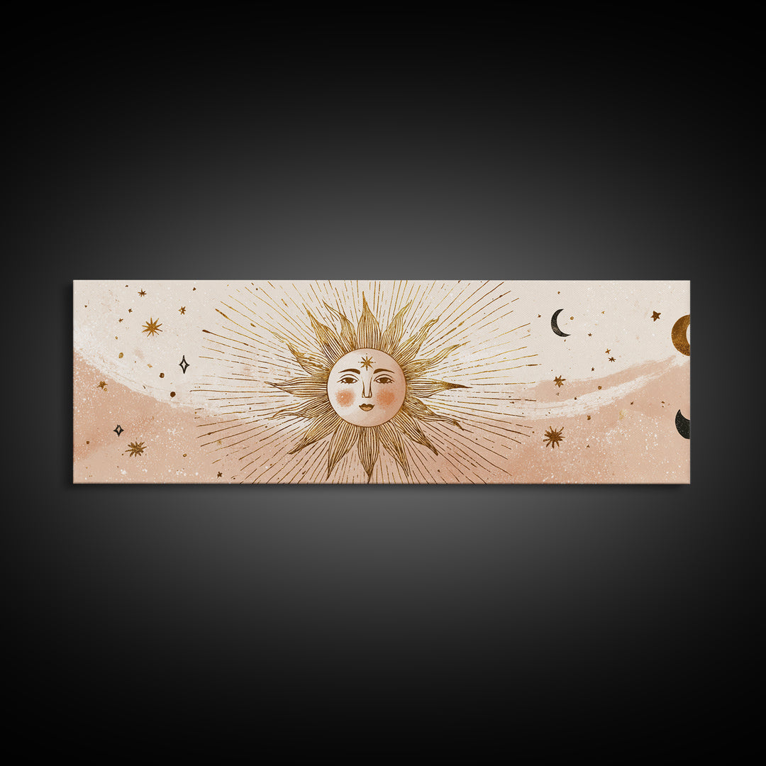 Boho Sun And Moon Wall Art, Celestial Canvas Print, Mystical Astrology Decor, Neutral Nursery And Bedroom Wall Decor, Above Bed Art