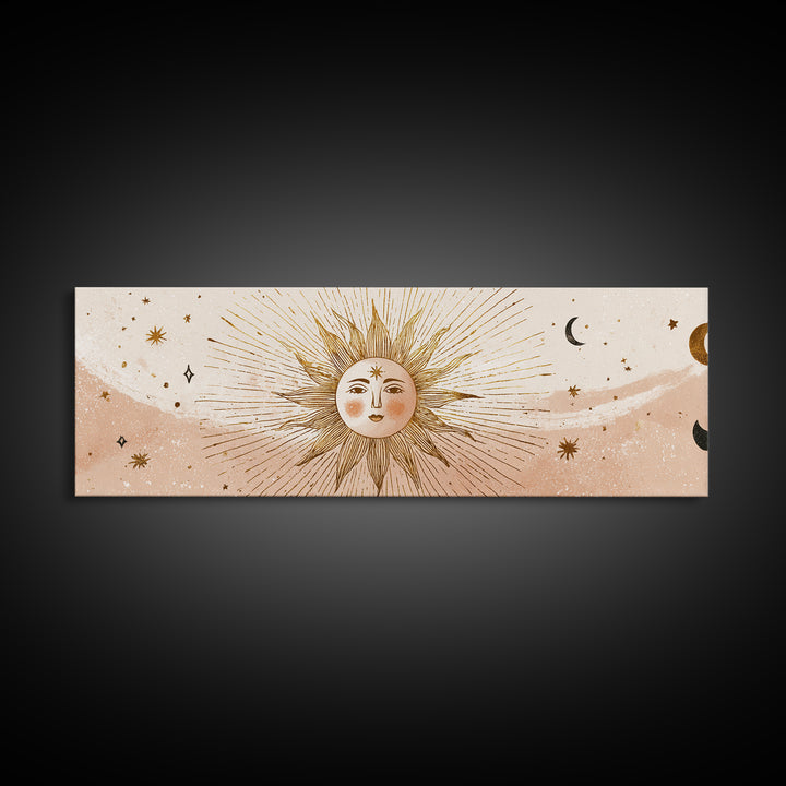 Boho Sun And Moon Wall Art, Celestial Canvas Print, Mystical Astrology Decor, Neutral Nursery And Bedroom Wall Decor, Above Bed Art