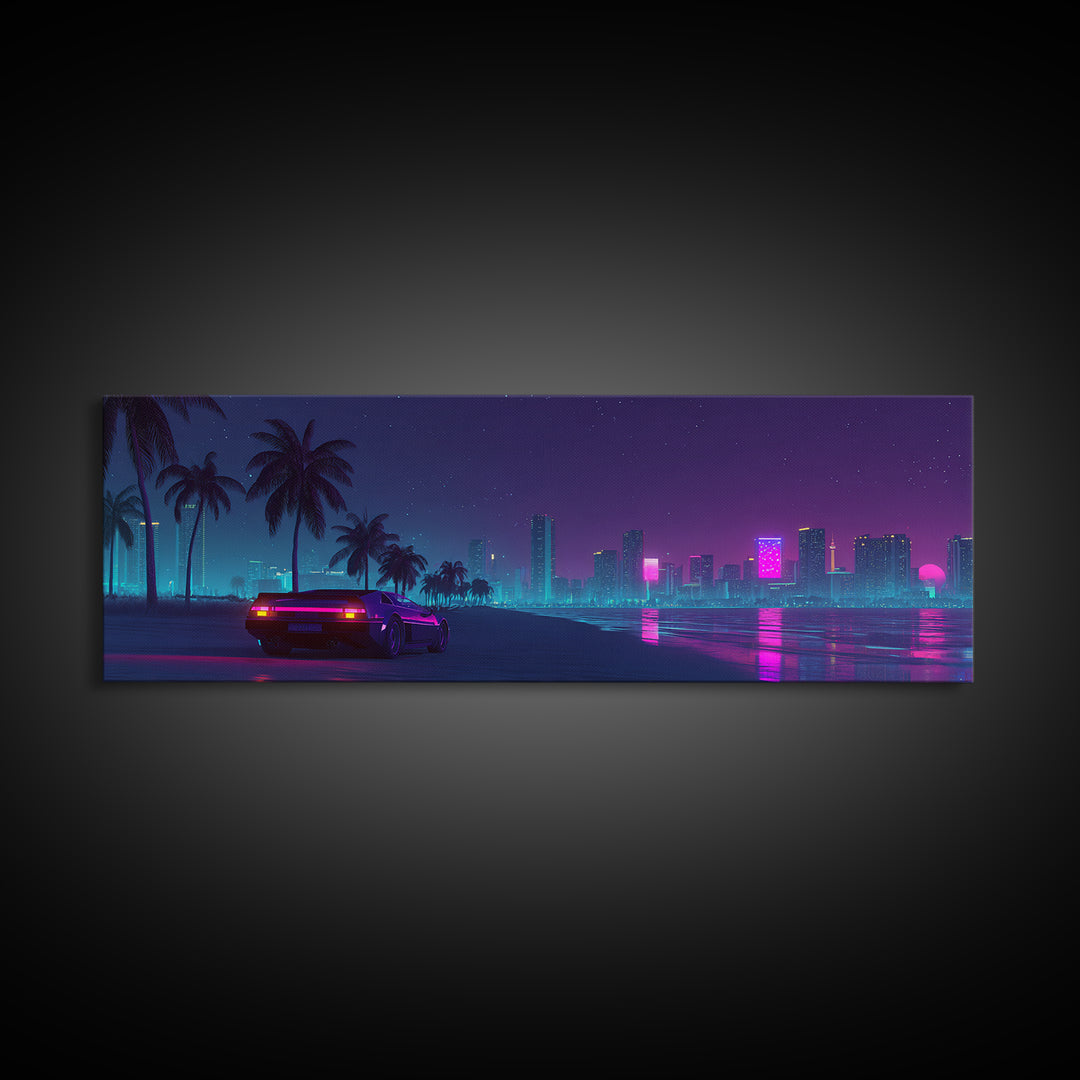 Neon Cyberpunk City Beach Wall Art, Retro Futuristic Canvas Print, Vaporwave Decor For Gaming Room And Modern Office Decor