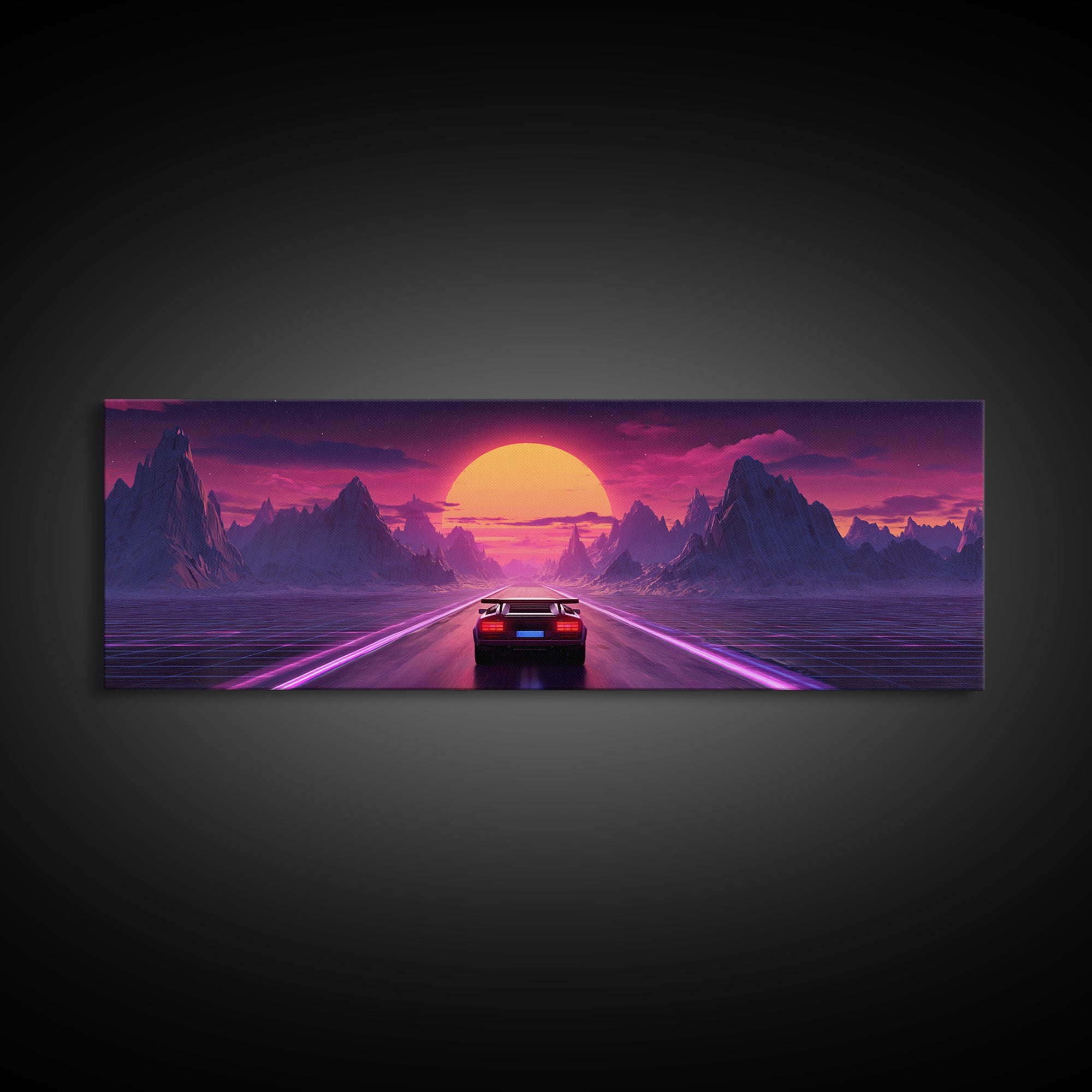 Retro Futuristic Car Road Canvas Print, Cyberpunk Mountain Wall Art, Neon Synthwave Gaming Room Decor, Sci Fi Poster, Gift For Him