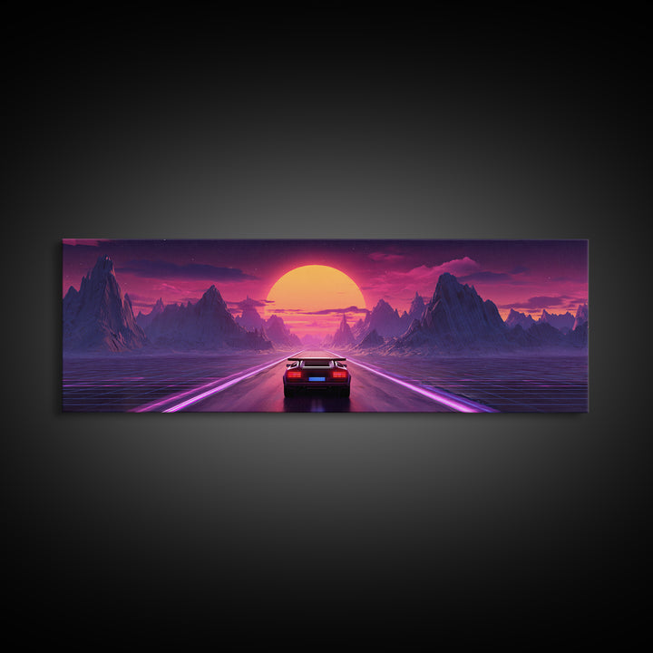 Retro Futuristic Car Road Canvas Print, Cyberpunk Mountain Wall Art, Neon Synthwave Gaming Room Decor, Sci Fi Poster, Gift For Him