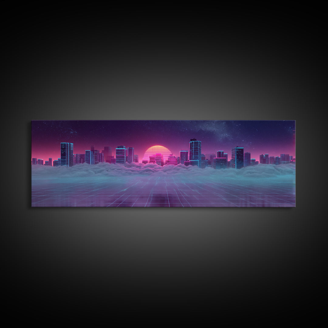 Vaporwave Skyline Over Clouds Canvas Print, Retro Futuristic City Wall Art, Neon Synthwave Decor, Gaming Room Poster, Gift
