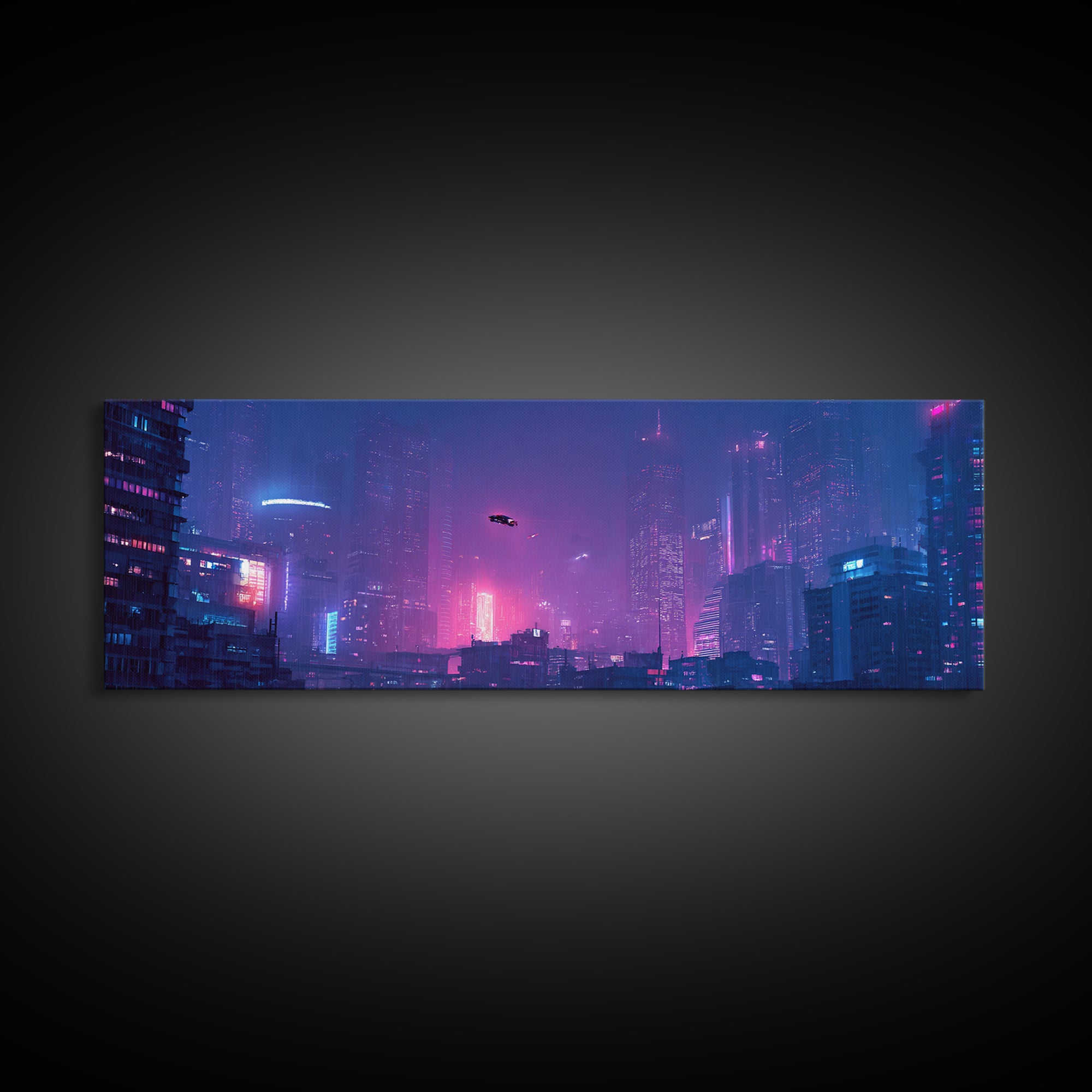 Cyberpunk Neon City Skyline Wall Art, Futuristic Framed Canvas Print, Sci Fi Urban Decor, Gaming Room Wall Decor, Large Print