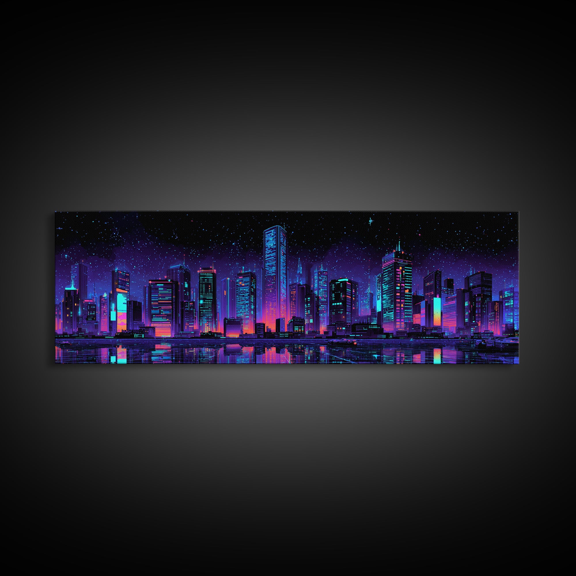 Neon Cyberpunk City Skyline Wall Art, Futuristic Urban Canvas Print, Vaporwave Gaming Room Decor, Sci Fi Office Poster Art