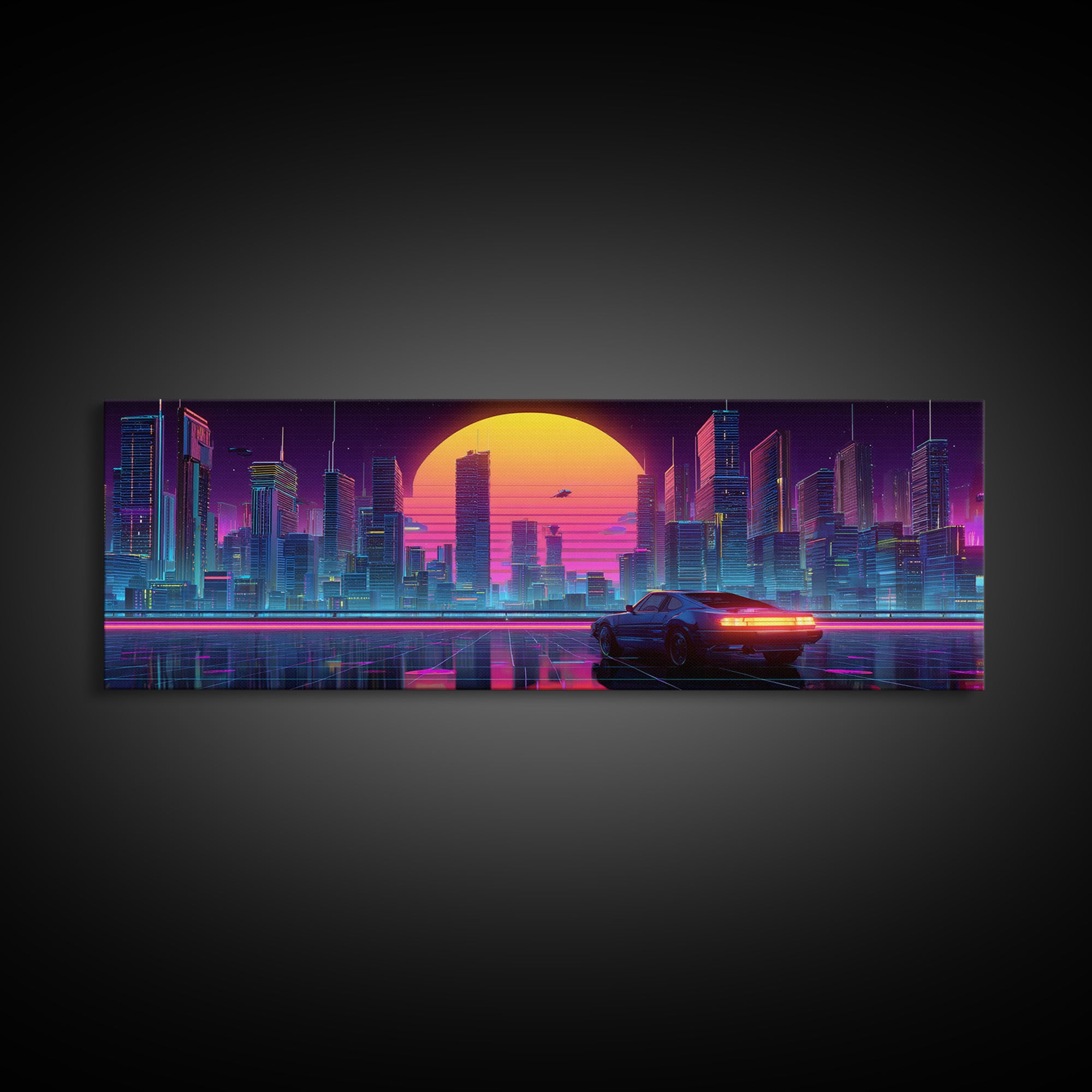 Neon Cyberpunk City Car Canvas Print, Futuristic Wall Art, Sci Fi Poster, Gaming Room Decor, Vaporwave Modern Home Decor