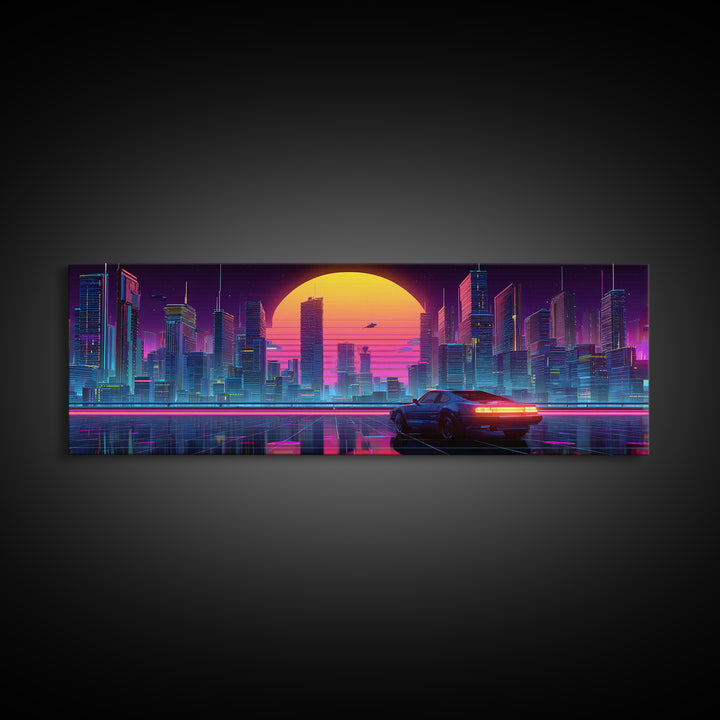 Neon Cyberpunk City Car Canvas Print, Futuristic Wall Art, Sci Fi Poster, Gaming Room Decor, Vaporwave Modern Home Decor