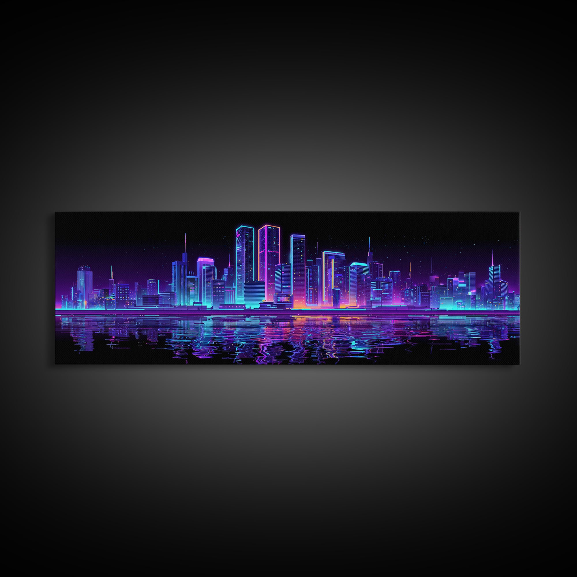 Neon Cyberpunk City Skyline Wall Art, Futuristic Synthwave Canvas Print, Urban Night Office Decor, Gamer Room Home Decor Poster