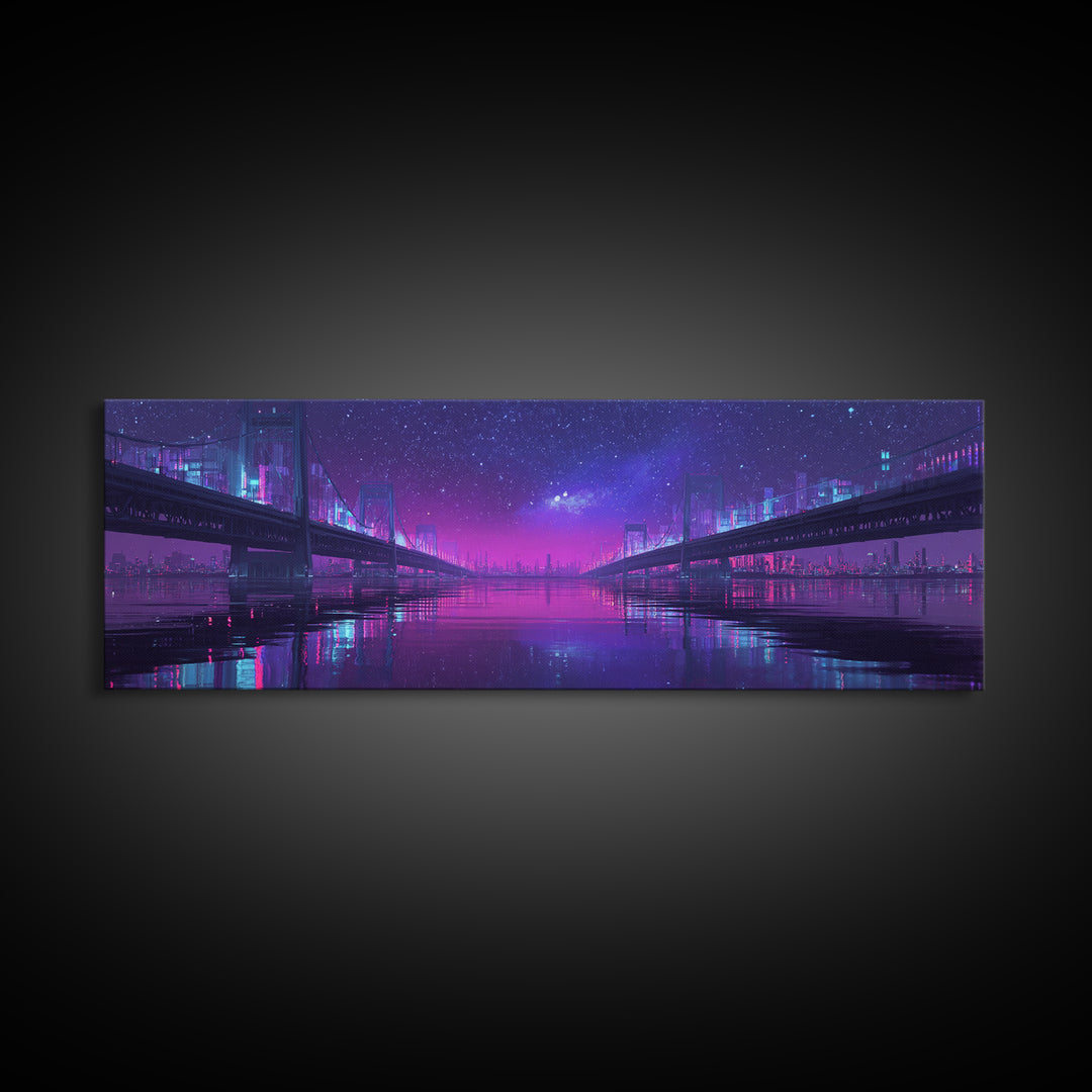 Neon Twin Bridges Over City Water, Cyberpunk Wall Art, Futuristic Canvas Print, Sci Fi Urban Decor, Gaming Room Art, Office Decor