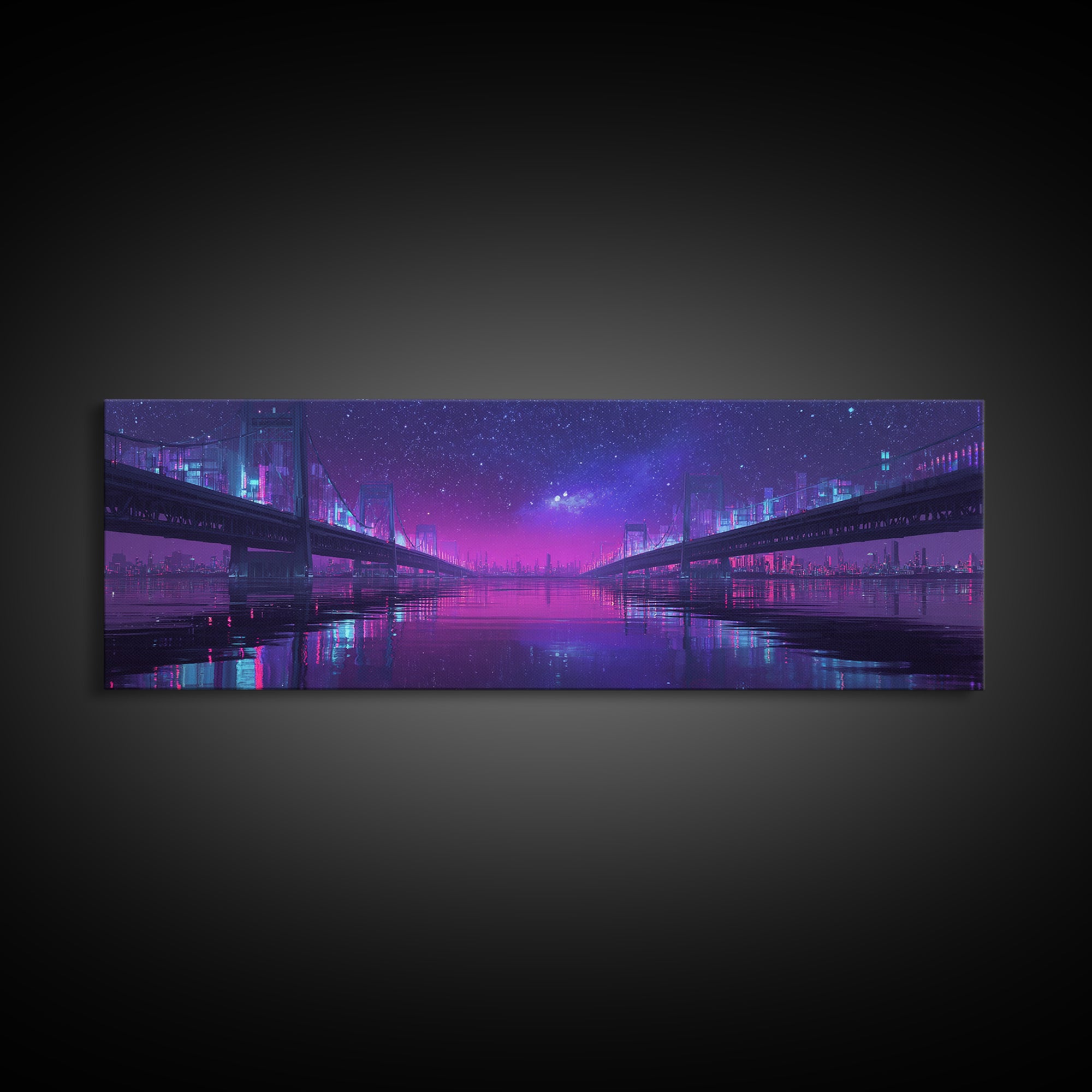 Neon Twin Bridges Over City Water, Cyberpunk Wall Art, Futuristic Canvas Print, Sci Fi Urban Decor, Gaming Room Art, Office Decor