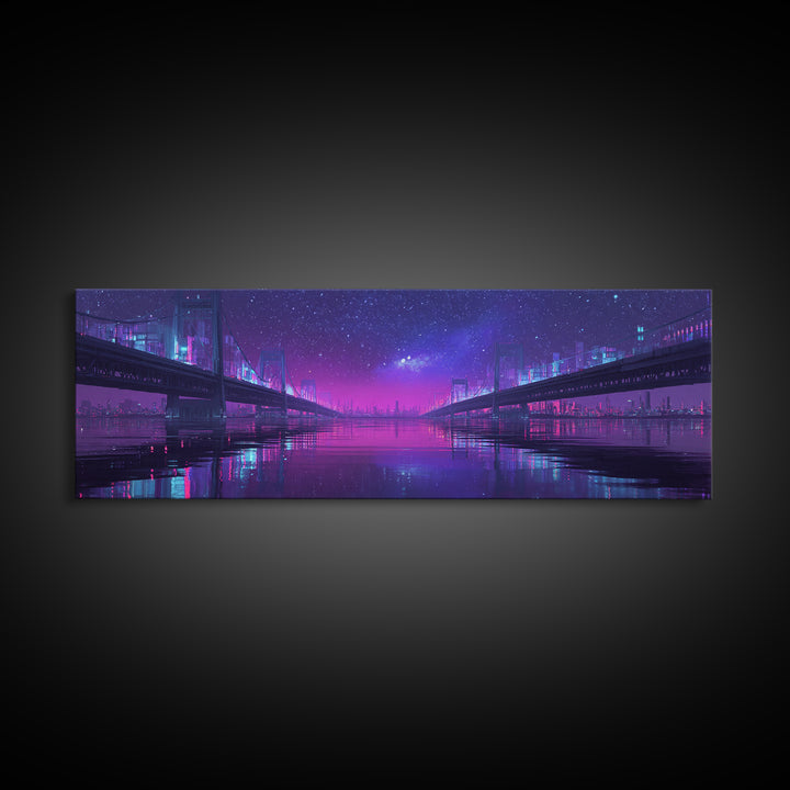 Neon Twin Bridges Over City Water, Cyberpunk Wall Art, Futuristic Canvas Print, Sci Fi Urban Decor, Gaming Room Art, Office Decor