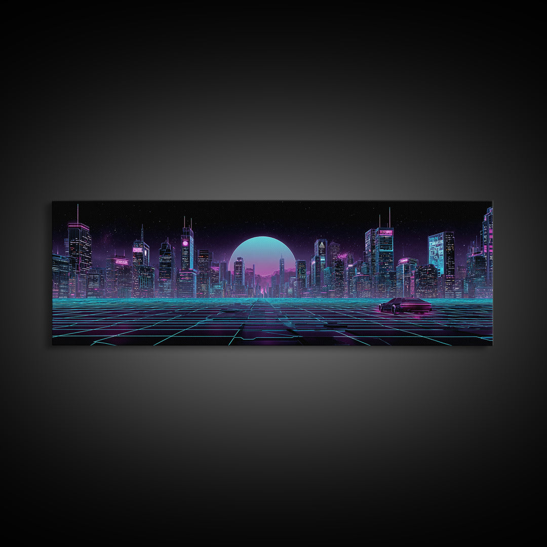 Futuristic Neon Skyline And Grid Highway, Cyberpunk Wall Art, Synthwave Canvas Print, Gaming Room Decor, Office Wall Decor