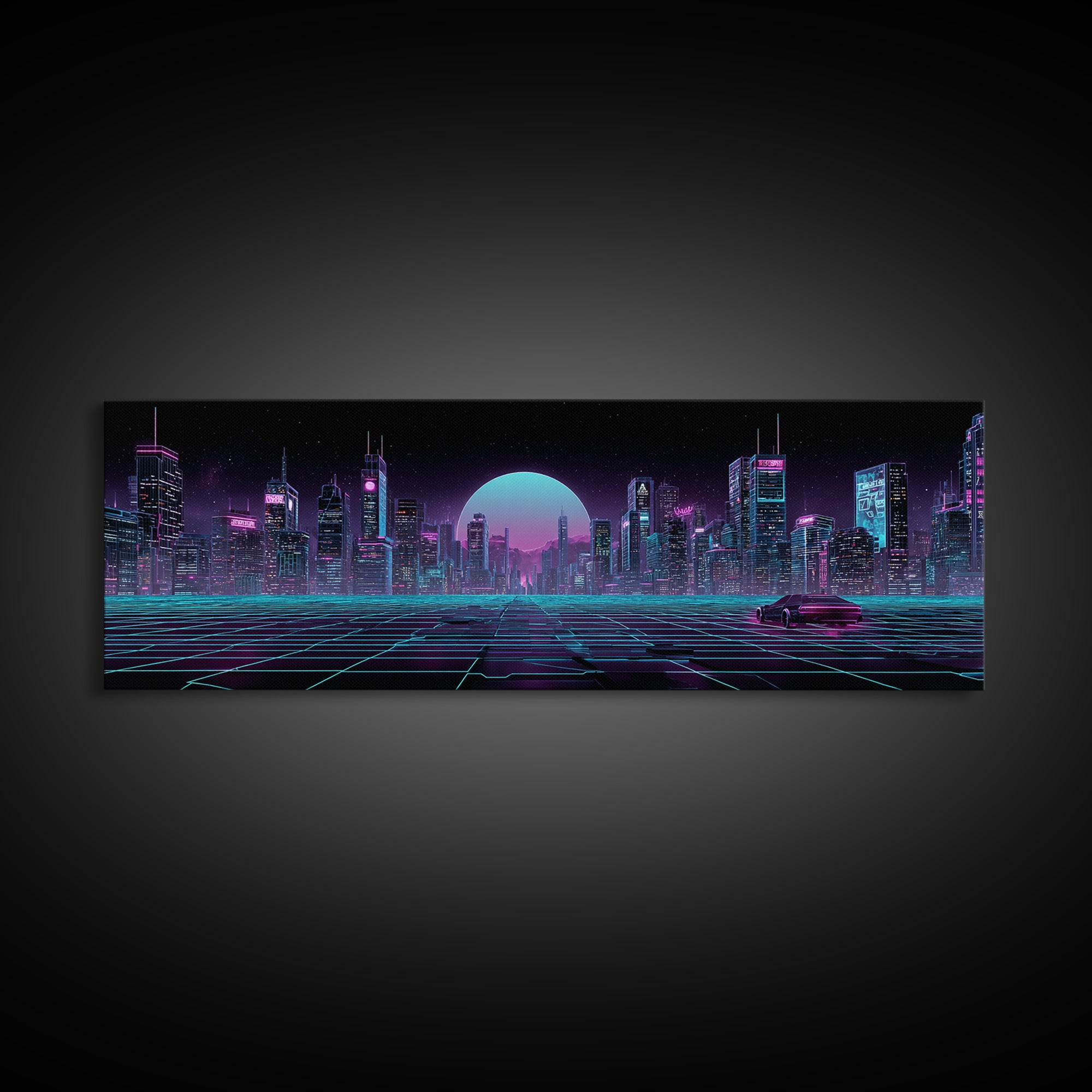 Futuristic Neon Skyline And Grid Highway, Cyberpunk Wall Art, Synthwave Canvas Print, Gaming Room Decor, Office Wall Decor