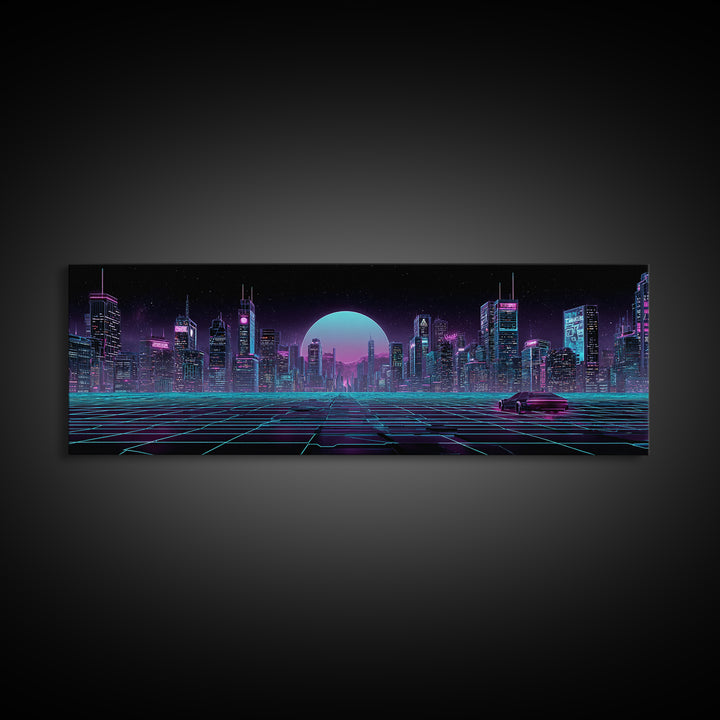 Futuristic Neon Skyline And Grid Highway, Cyberpunk Wall Art, Synthwave Canvas Print, Gaming Room Decor, Office Wall Decor