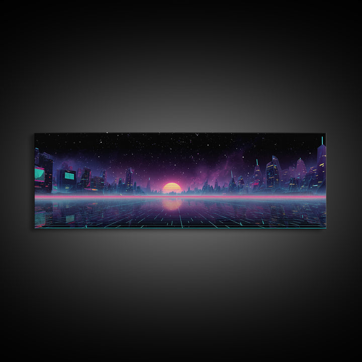 Futuristic Neon City Skyline Wall Art, Cyberpunk Grid Landscape, Sci Fi Poster, Vaporwave Decor, Gaming Room Canvas Print