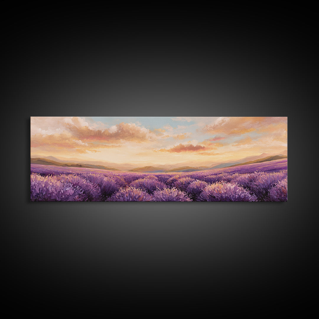 Sunset Lavender Field Landscape Wall Art, Panoramic Canvas Print, French Country Decor, Large Above Sofa Wall Decor, Provence Print
