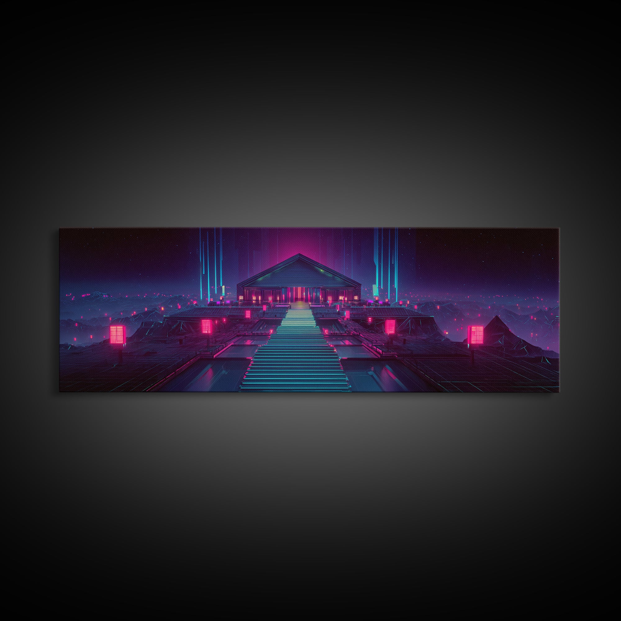 Neon Cyberpunk Temple Stairway Canvas Print, Futuristic Wall Art, Sci Fi Gaming Room Decor, Modern Statement Artwork For Office