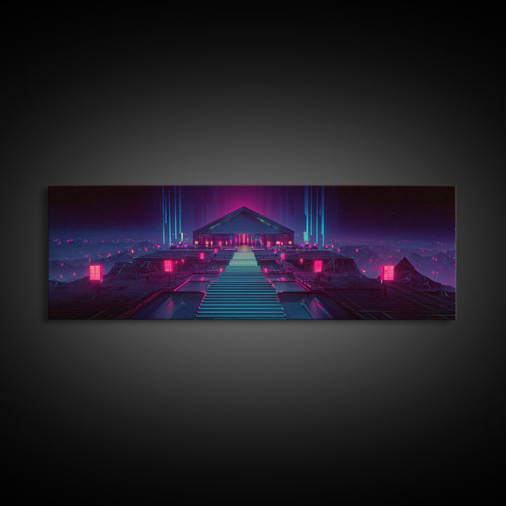 Neon Cyberpunk Temple Stairway Canvas Print, Futuristic Wall Art, Sci Fi Gaming Room Decor, Modern Statement Artwork For Office