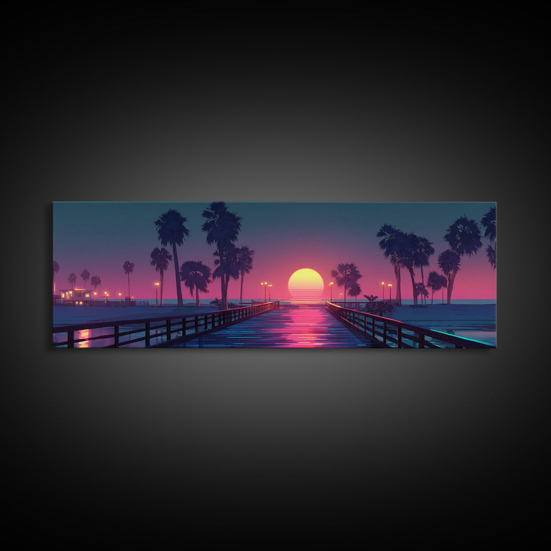 Sunset Pier With Palm Trees Canvas Print, Tropical Beach Wall Art, Coastal Vaporwave Decor For Bedroom And Living Room Wall Decor