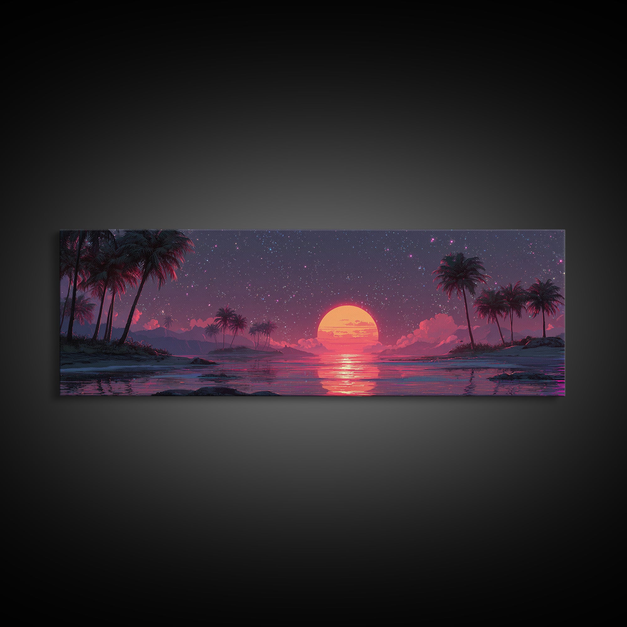 Starry Tropical Lagoon With Giant Pink Moon Wall Art, Celestial Coastal Beach Decor, Palm Island, Night Sky Canvas Print