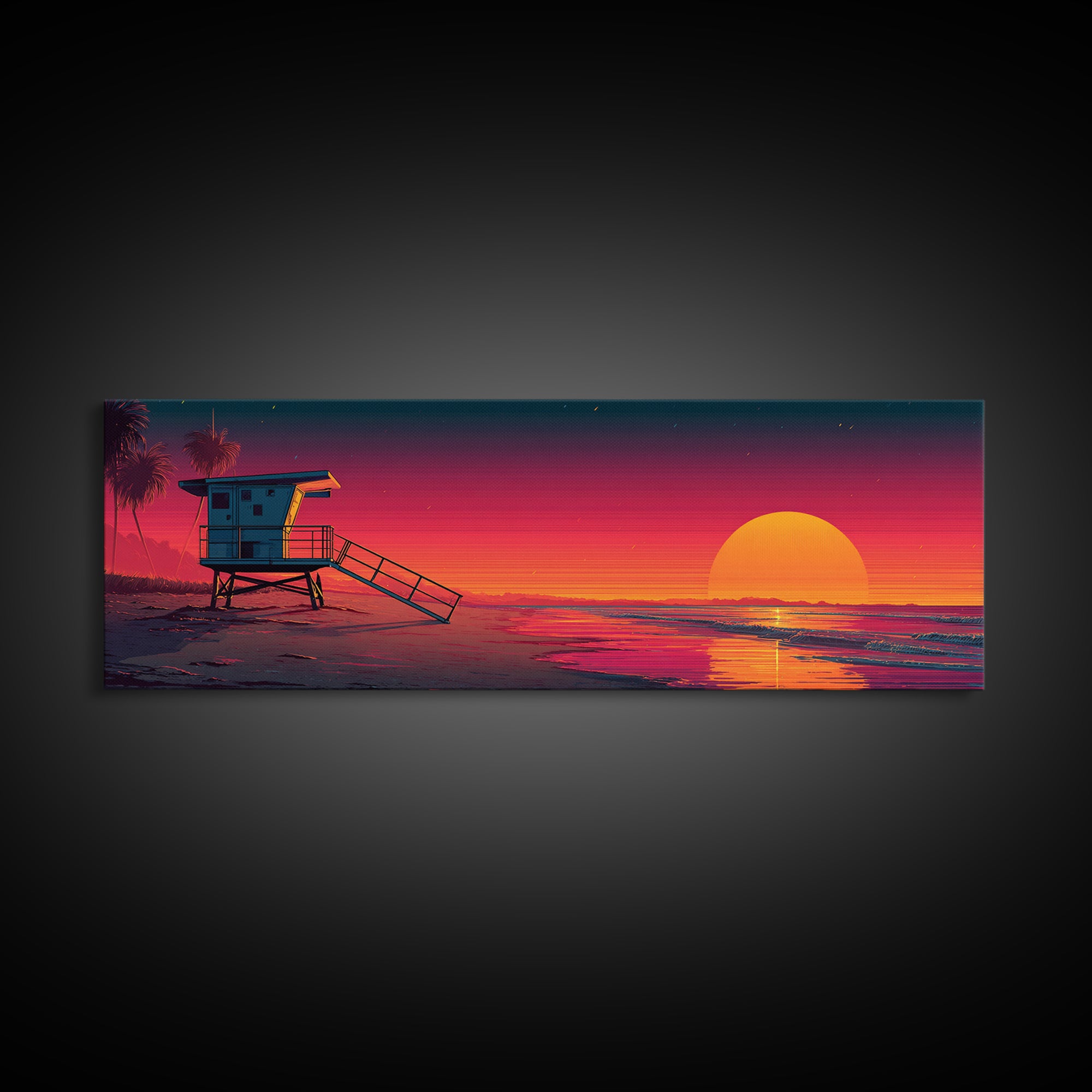 Retro Lifeguard Tower Sunset Canvas Print, Beach Wall Art, Coastal Decor, Vaporwave Poster, Summer Ocean Home Decor, Beach House Gift