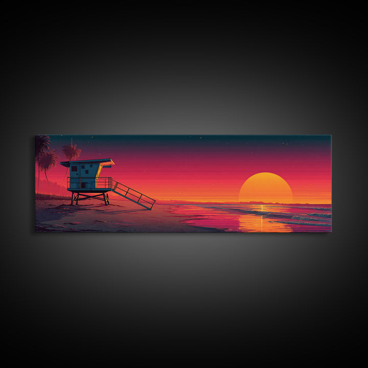 Retro Lifeguard Tower Sunset Canvas Print, Beach Wall Art, Coastal Decor, Vaporwave Poster, Summer Ocean Home Decor, Beach House Gift