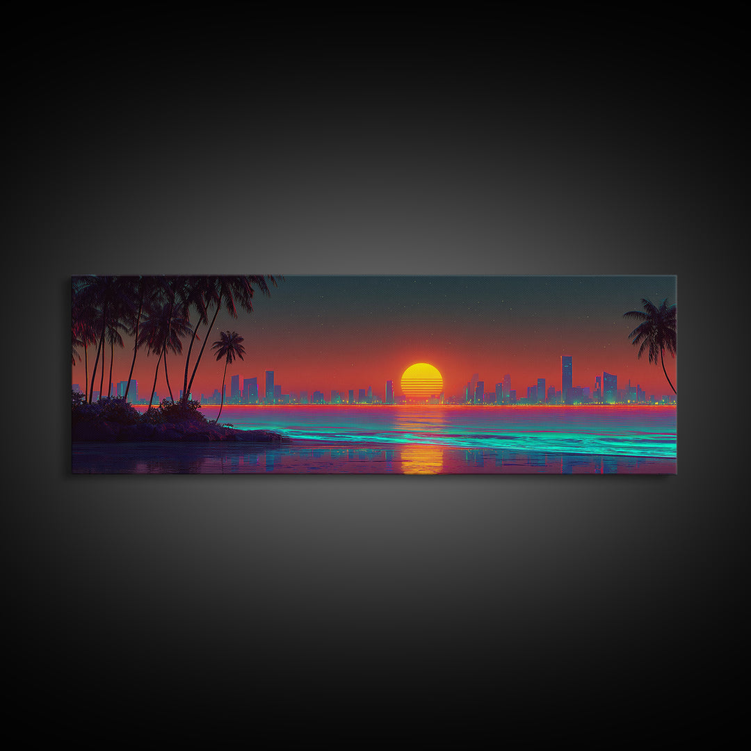 Retro Neon Coastal City Skyline Wall Art, Palm Beach Sunset, Synthwave Ocean Decor, Modern Living Room Canvas Print, Large Horizontal Art