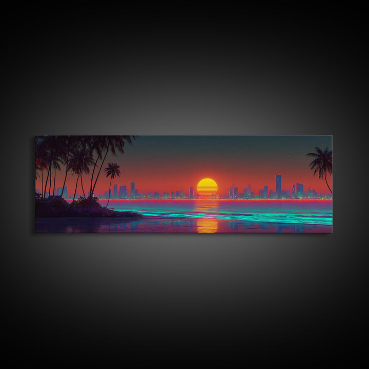 Retro Neon Coastal City Skyline Wall Art, Palm Beach Sunset, Synthwave Ocean Decor, Modern Living Room Canvas Print, Large Horizontal Art