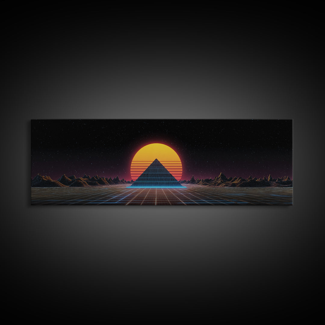 Retro Pyramid Sunset Canvas Print, Synthwave Desert Wall Art, Futuristic Vaporwave Decor, Gaming Room Statement Artwork Poster