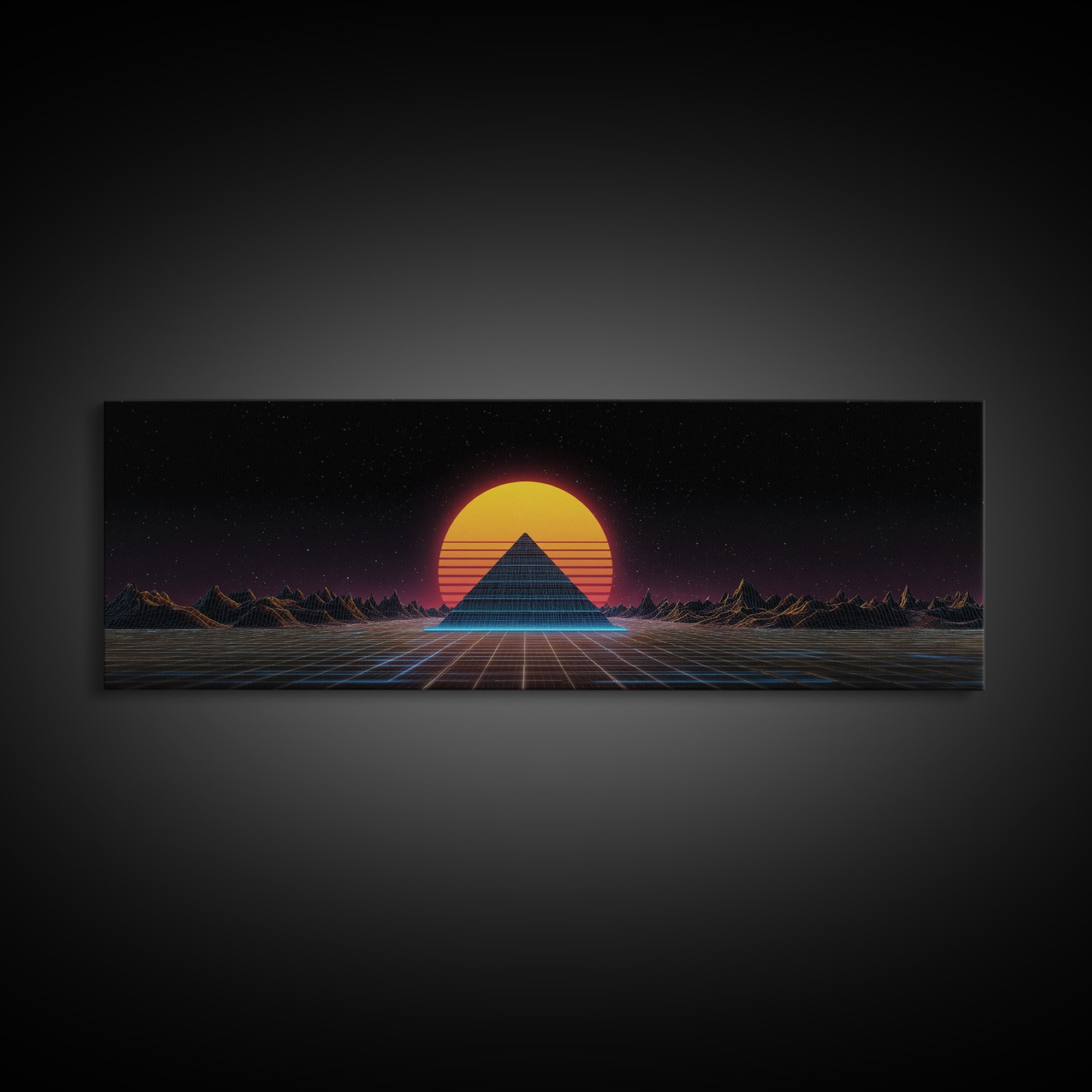 Retro Pyramid Sunset Canvas Print, Synthwave Desert Wall Art, Futuristic Vaporwave Decor, Gaming Room Statement Artwork Poster