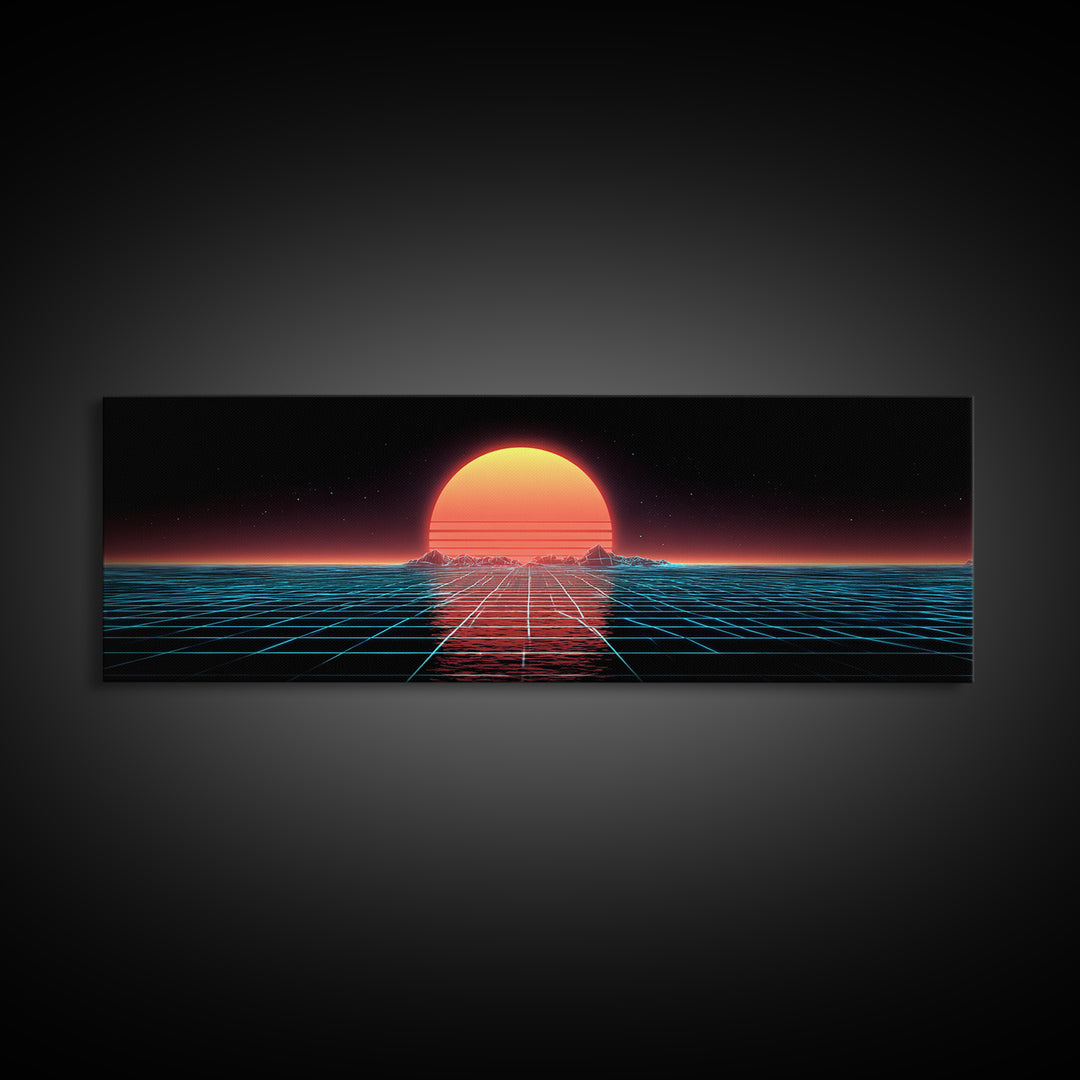 Retro Futuristic Ocean Grid Sunset Wall Art, Synthwave Neon Landscape, Vaporwave Decor, Large Horizontal Art Print, Home Decor