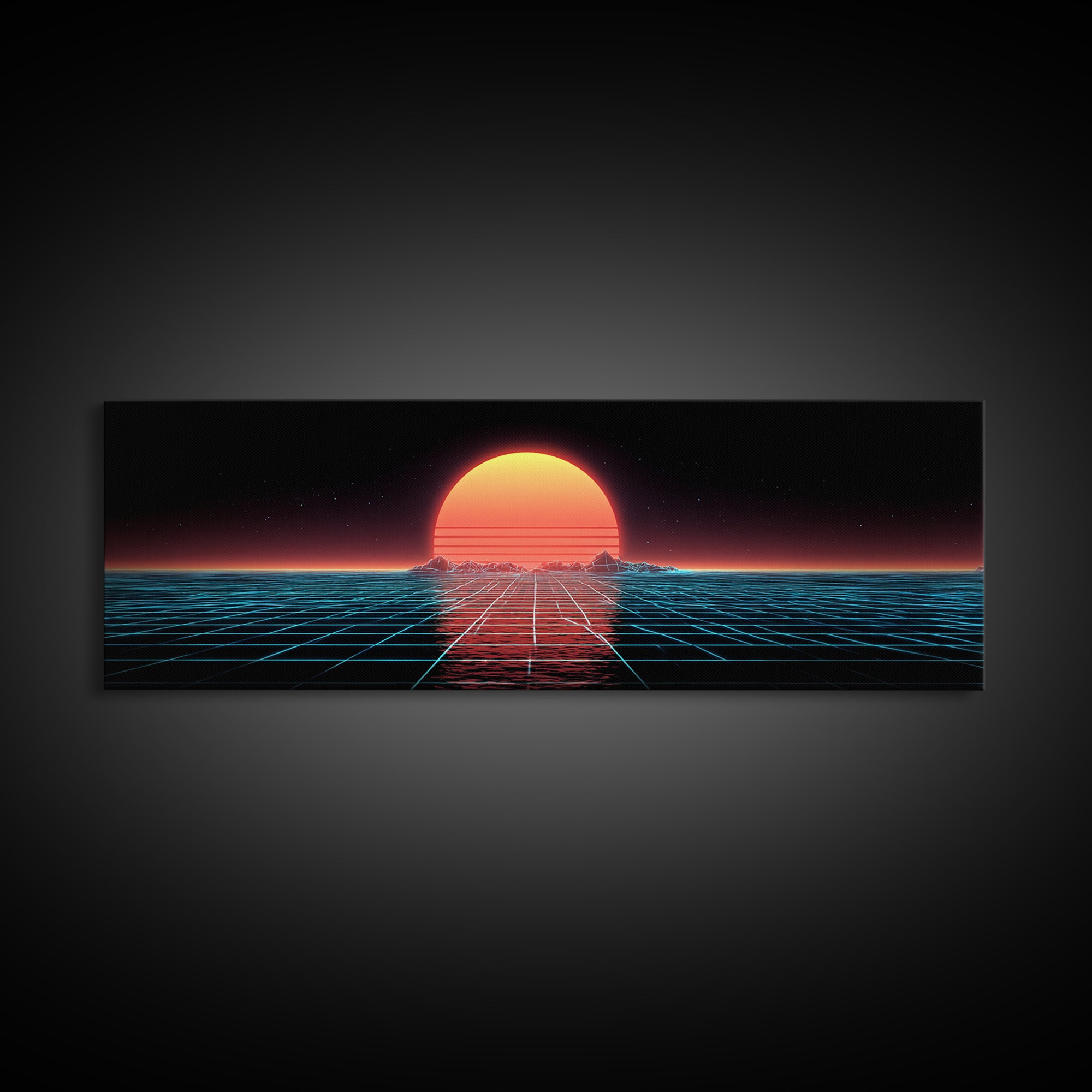 Retro Futuristic Ocean Grid Sunset Wall Art, Synthwave Neon Landscape, Vaporwave Decor, Large Horizontal Art Print, Home Decor