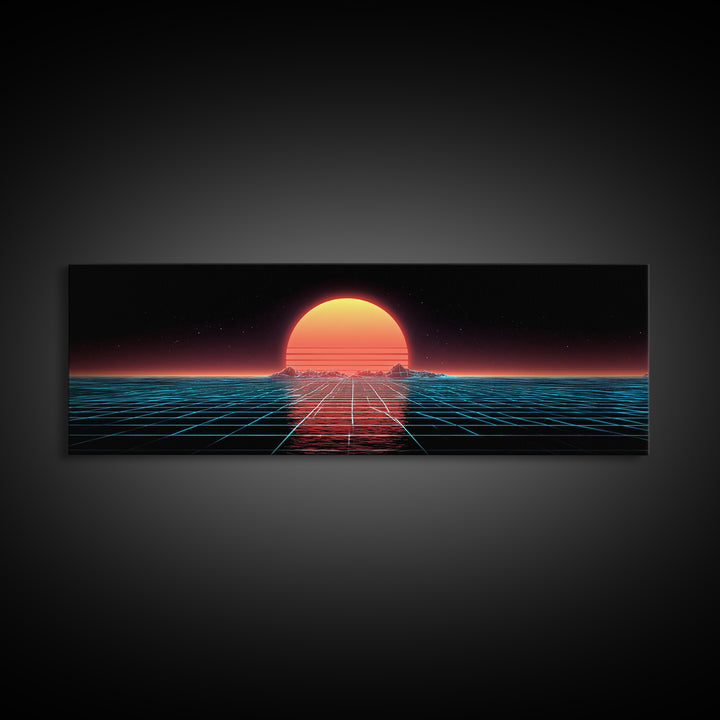 Retro Futuristic Ocean Grid Sunset Wall Art, Synthwave Neon Landscape, Vaporwave Decor, Large Horizontal Art Print, Home Decor