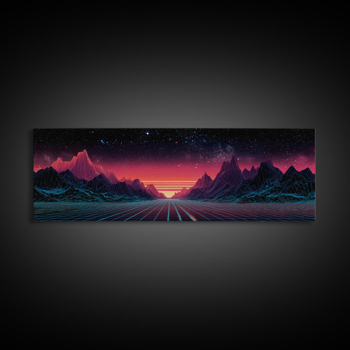 Synthwave Mountain Road Under Starry Sky, Retro Futuristic Wall Art, Landscape Canvas Print, Man Cave Decor, Large Wall Art