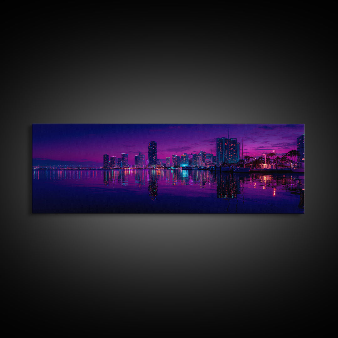 Neon Waterfront City Skyline Wall Art, Miami Night Canvas Print, Urban Photography Decor, Modern Office Living Room Poster