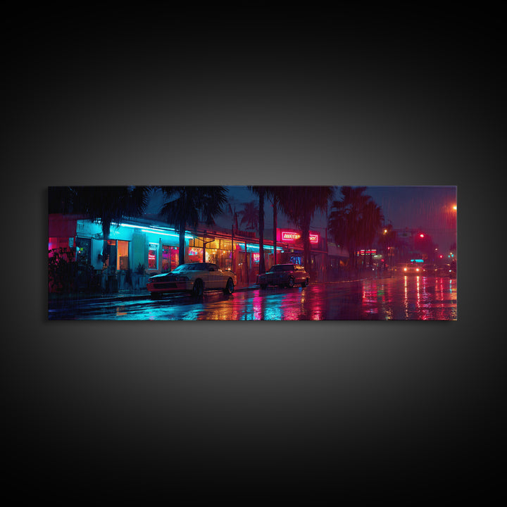 Rainy Neon City Street Wall Art, Cyberpunk Urban Night Canvas Print, Retro Motel Lights, Modern Office Decor, Moody Wall Decor