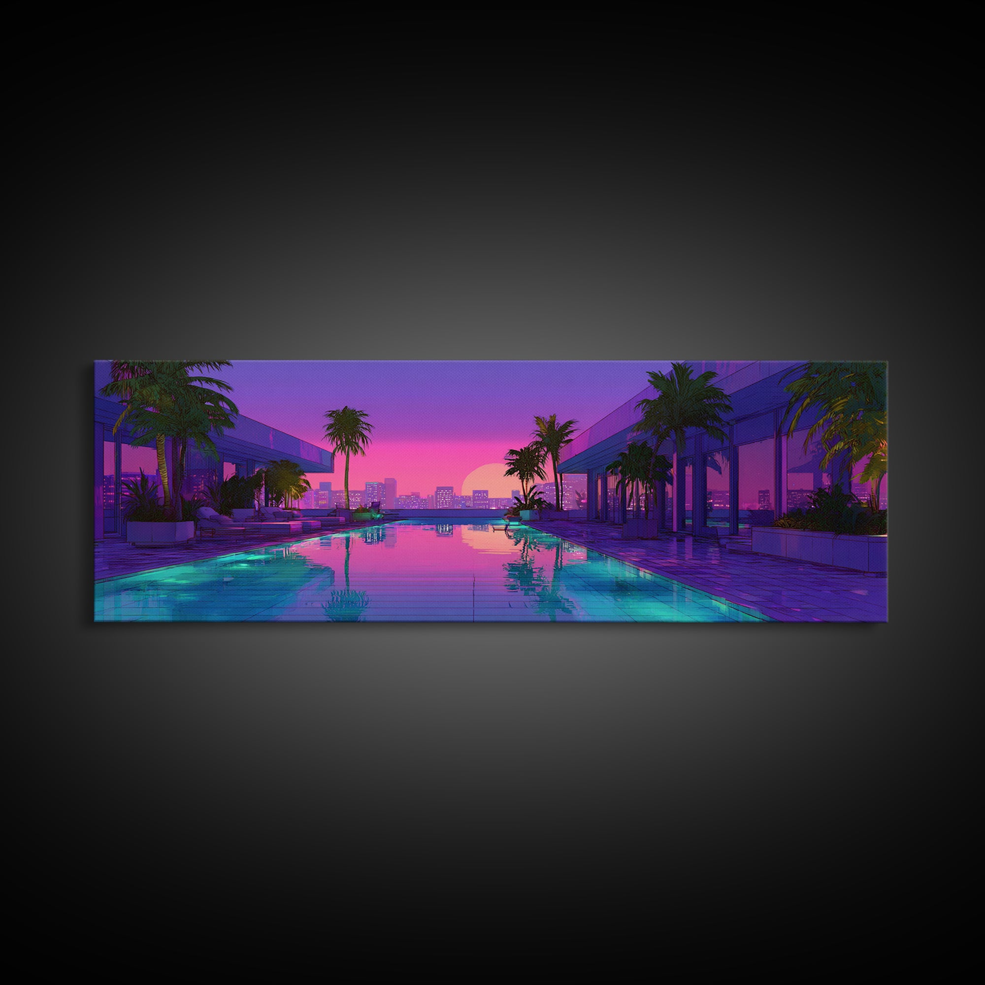 Neon Poolside City Sunset Framed Canvas Print, Miami Palm Skyline Wall Decor, Cyberpunk Art, Modern Living Room Decor, Large Wall Art