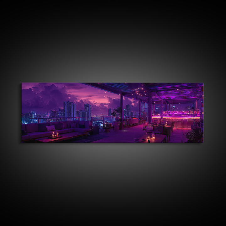 Neon Rooftop Lounge Skyline At Dusk Wall Art, Cyberpunk Cityscape, Futuristic Bar Decor, Panoramic Living Room Print Home Decor