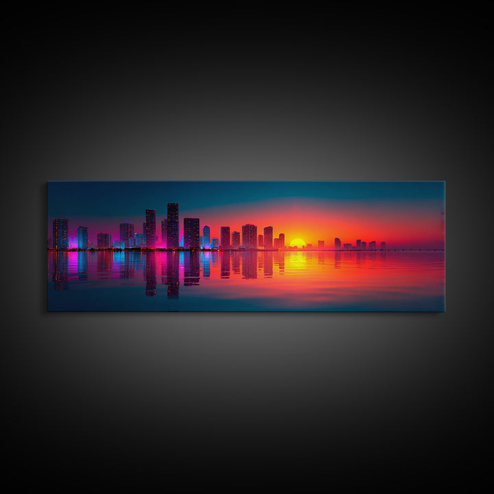 Neon City Skyline Sunset Wall Art, Modern Urban Landscape With Water Reflections, Colorful Office Decor, Large Canvas Print