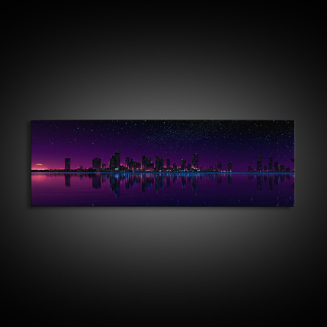 Purple Starry City Skyline Reflection, Modern Wall Art, Cyberpunk Canvas Print, Urban Night Decor, Office Wall Decor, Living Room Art