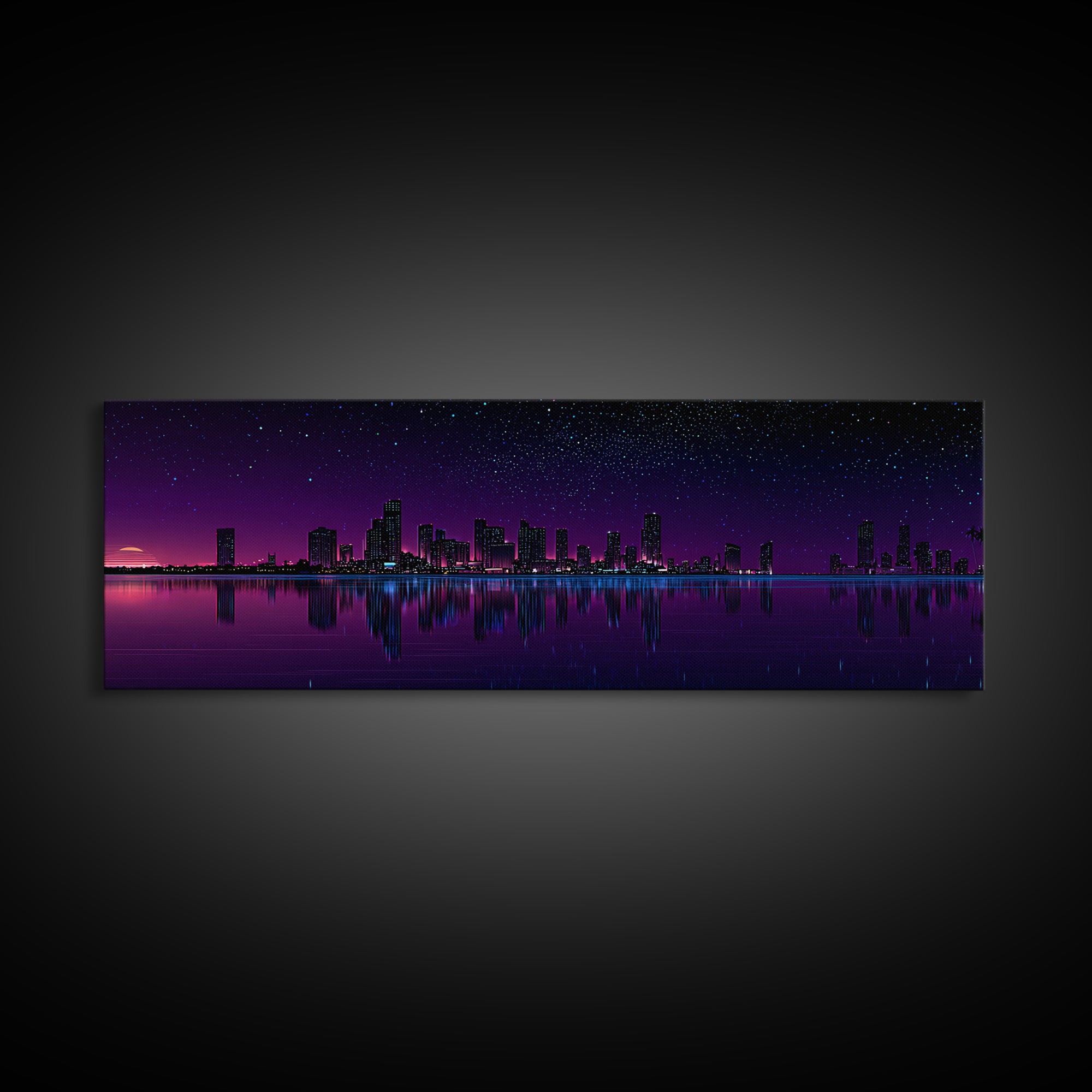 Purple Starry City Skyline Reflection, Modern Wall Art, Cyberpunk Canvas Print, Urban Night Decor, Office Wall Decor, Living Room Art