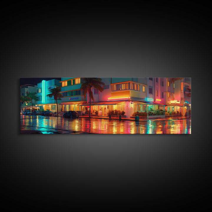 Neon Rainy Art Deco Hotel Street Wall Art, Miami Urban Night Cityscape, Retro Travel Poster, Framed Canvas Print, Office Decor