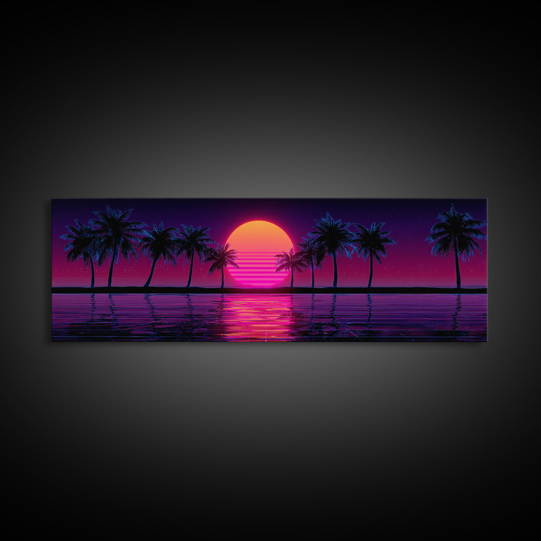 Neon Palm Tree Sunset Canvas Print, Tropical Beach Wall Art, Retro Coastal Decor, Pink Purple Living Room Art, Home Decor