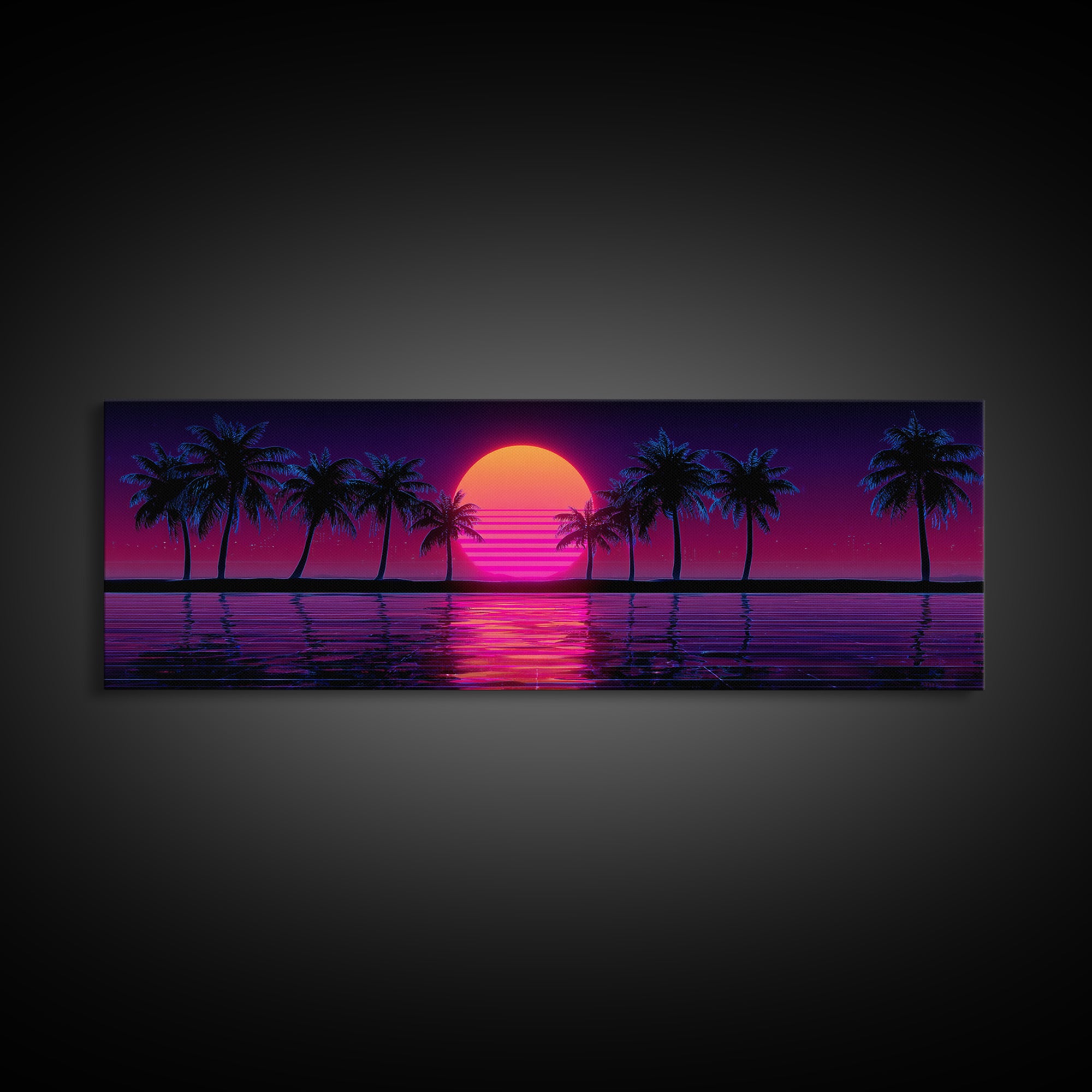 Neon Palm Tree Sunset Canvas Print, Tropical Beach Wall Art, Retro Coastal Decor, Pink Purple Living Room Art, Home Decor
